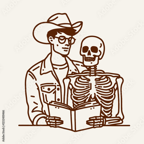 A whimsical illustration of a cowboy reading with a skeleton, blending humor and curiosity in an unexpected friendship.