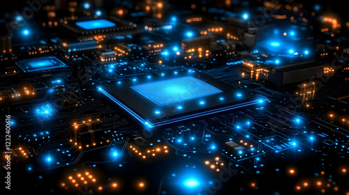 CPU Chip glows blue on dark...