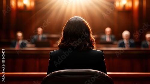 A captivating shot of a lawyer from behind as they present their case to the court, where sunlight streams in, enhancing the atmosphere of significance and gravity. photo