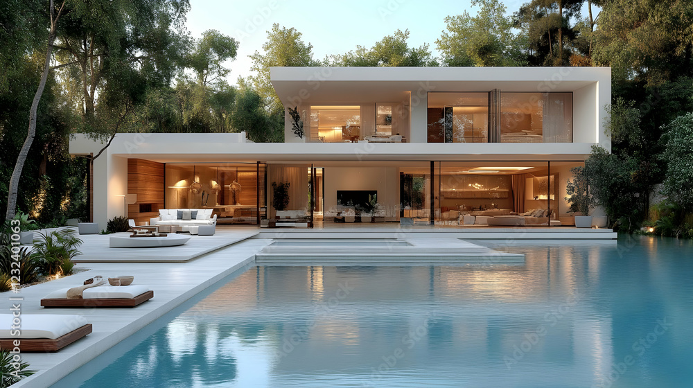 Fototapeta premium Modern house boasts a luxurious pool and lush landscaping, creating a serene oasis.