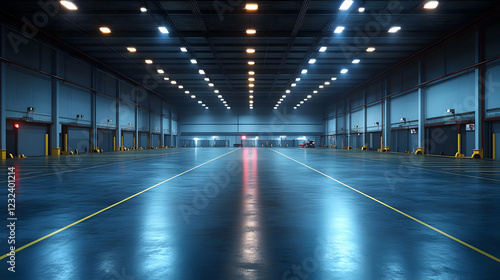 Empty Warehouse Interior with Loading Docks and Bright Lights at Night