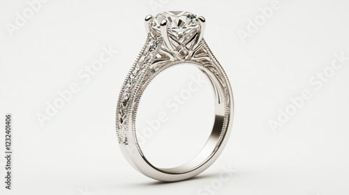 A side-profile view of a diamond ring highlighting its detailed setting on white.