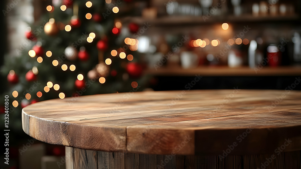Empty round wooden table top on blur Christmas tree background with festive lights Empty round wooden table top on blur Christmas tree background with festive lights