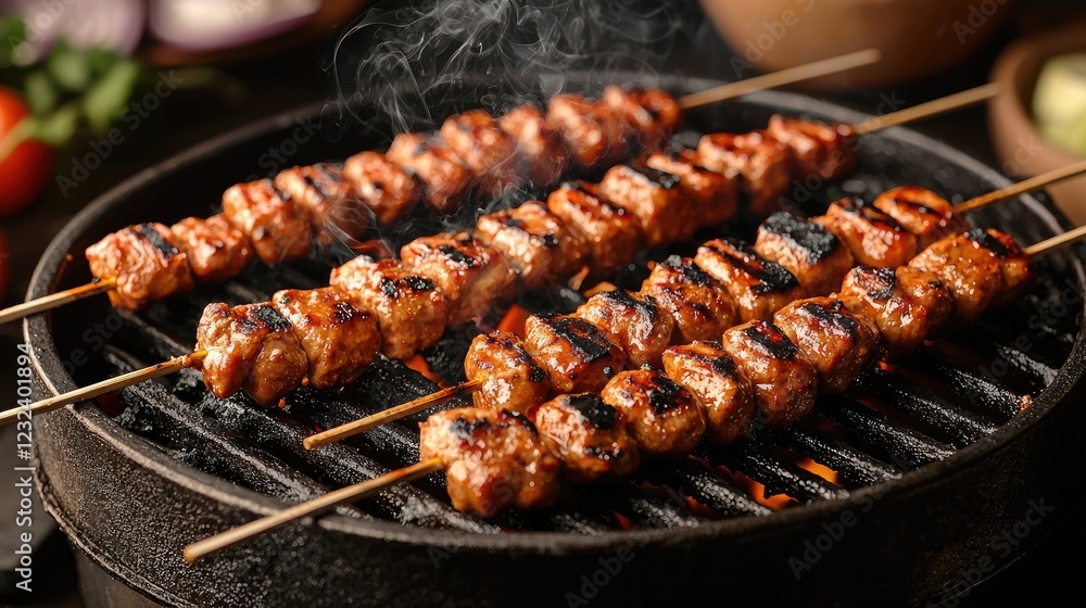 Grilled skewers of marinated meat sizzling on a charcoal grill with fresh vegetables nearby Grilled skewers of marinated meat sizzling on a charcoal grill with fresh vegetables nearby