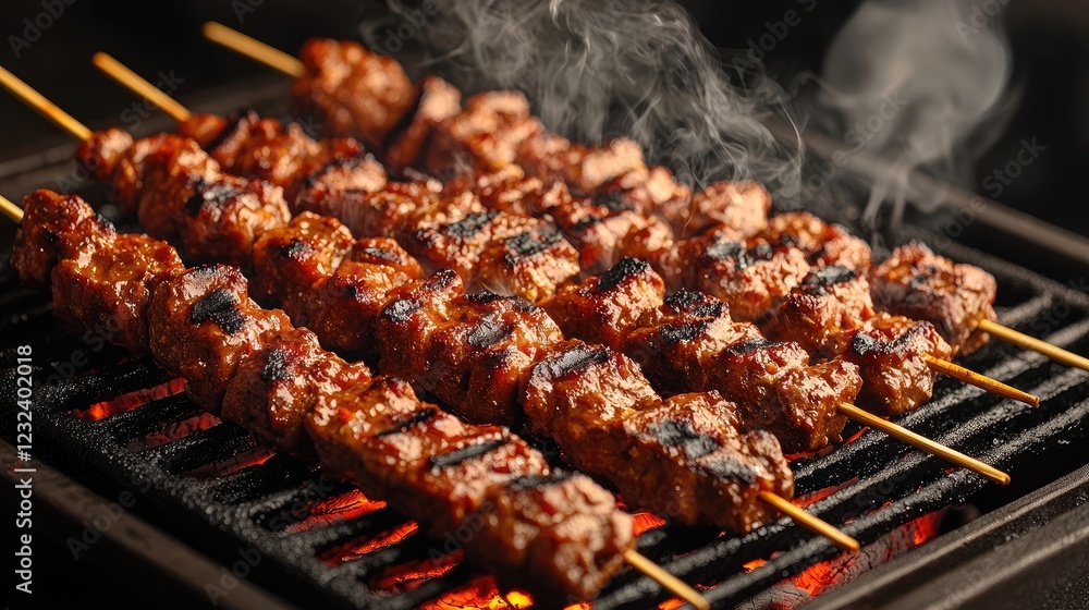 Grilled skewers of marinated meat sizzling on a barbecue with smoke rising in a cozy outdoor setting Grilled skewers of marinated meat sizzling on a barbecue with smoke rising in a cozy outdoor setting