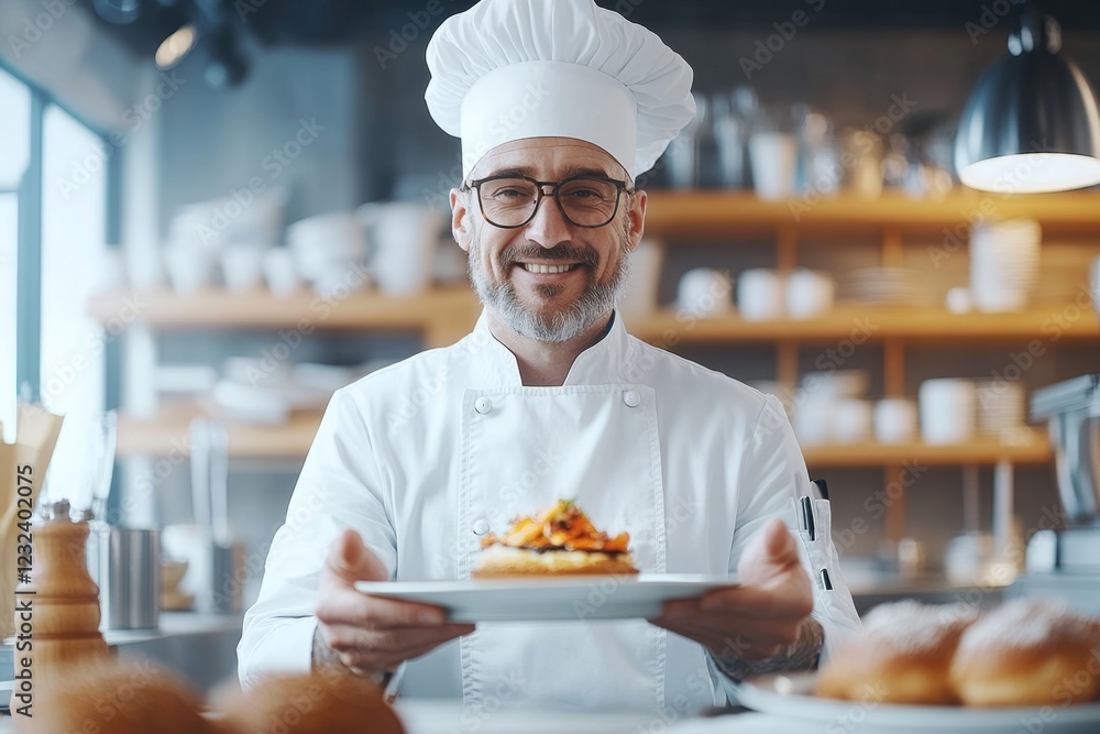 A simple 2D drawing of a chef presenting a perfectly plated dish, with a certificate icon subtly displayed in the background A simple 2D drawing of a chef presenting a perfectly plated dish, with a certificate icon subtly displayed in the background