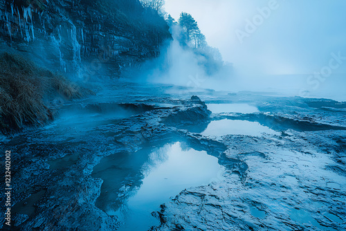 A stunning view of the Geysir waterfall in Iceland, Europe, showcasing the natural beauty and powerful flow of water in this unique geothermal area photo