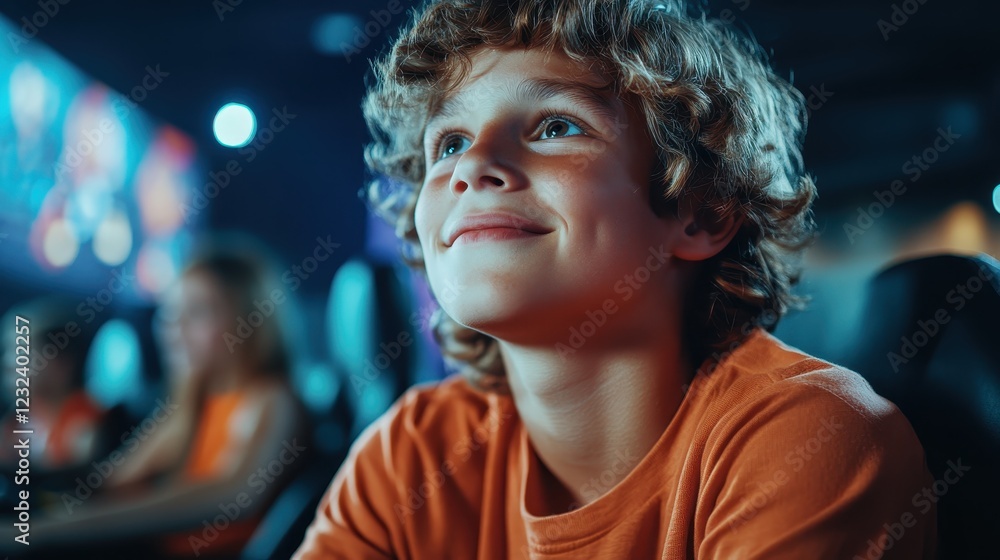A cheerful boy is at a gaming station, showcasing his excitement and engagement, while friends in the background enhance the sense of camaraderie and fun. A cheerful boy is at a gaming station, showcasing his excitement and engagement, while friends in the background enhance the sense of camaraderie and fun.