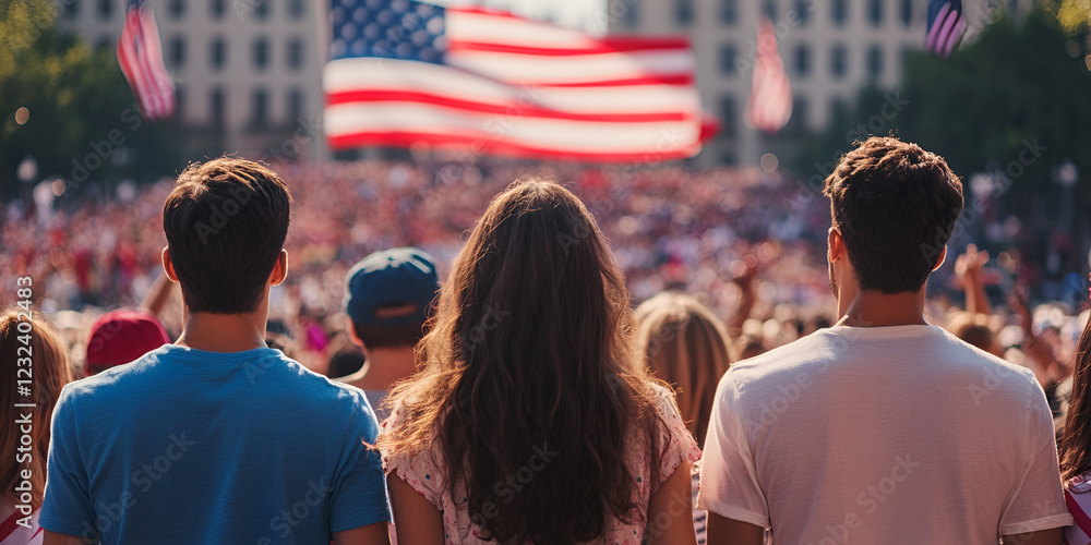 Fototapeta premium Patriotic Crowd Waving Flags at a Public Event