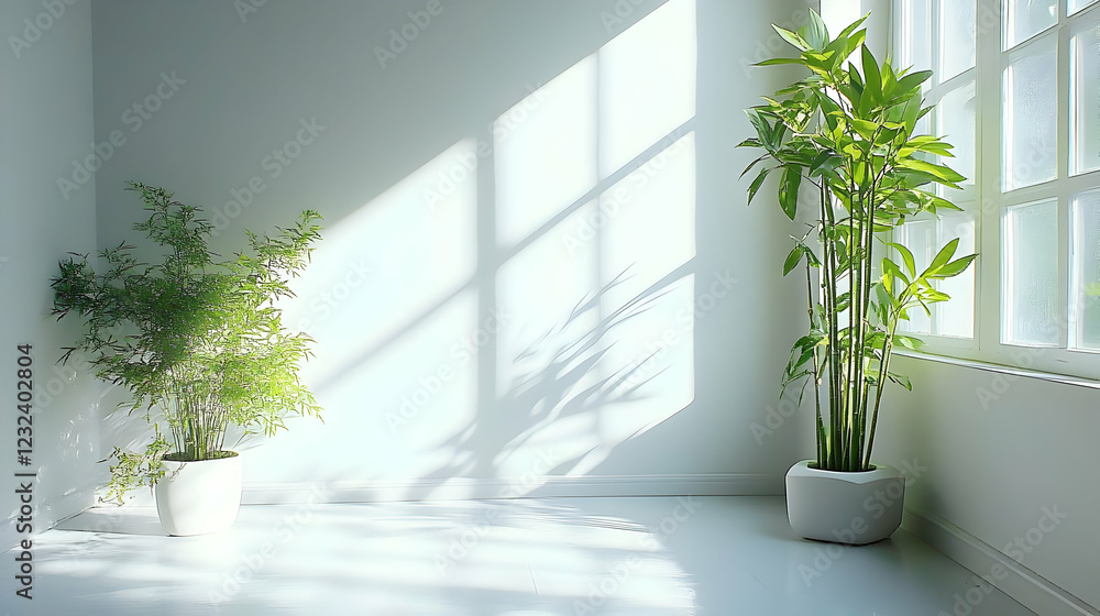 Fototapeta premium Two Potted Plants Sit in a Sunlit Room by a Window with Sunlight Streaming In