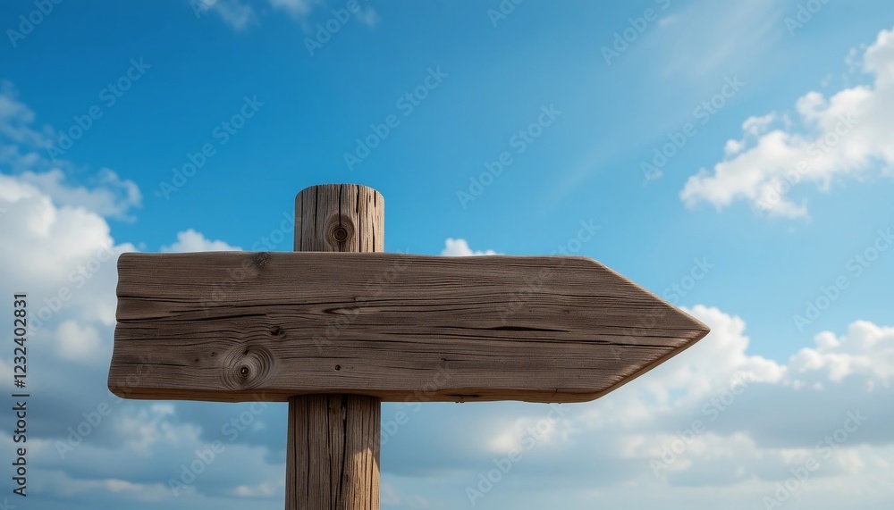 Rustic Wooden Arrow Signpost Against a Bright Blue Sky with Clouds Direction Pointer Blank Sign