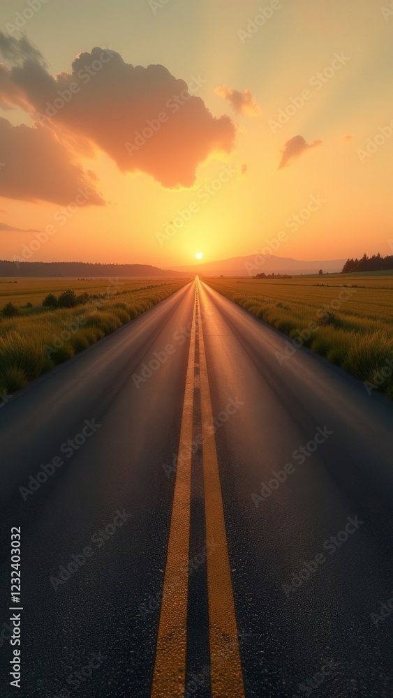 Fototapeta premium Empty country road leading to sunset over mountains and fields