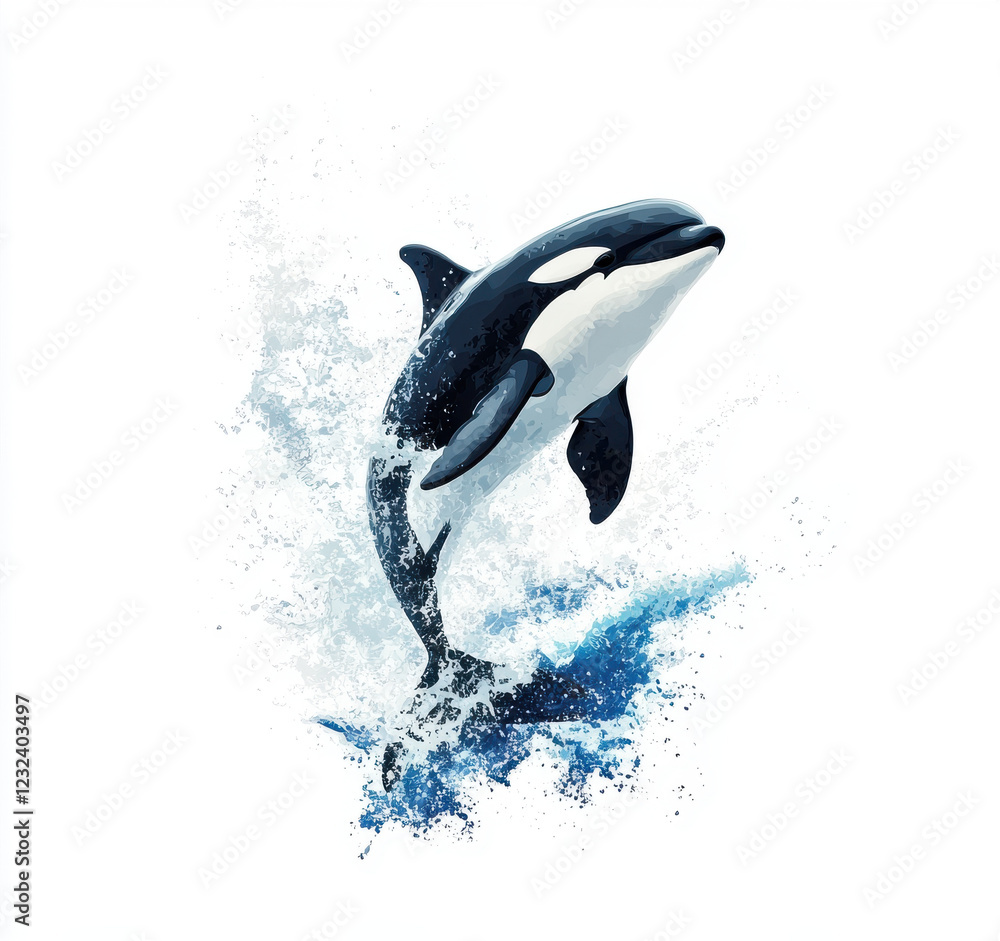 Obraz premium vibrant illustration of orca whale leaping out of water, showcasing its powerful form and dynamic movement. splash of water adds sense of excitement and energy to scene