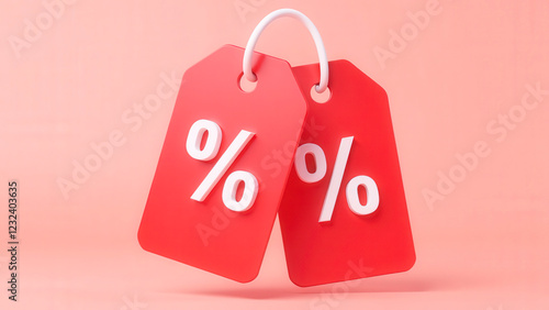 Two red discount tags hanging on pink background showing percentage symbol