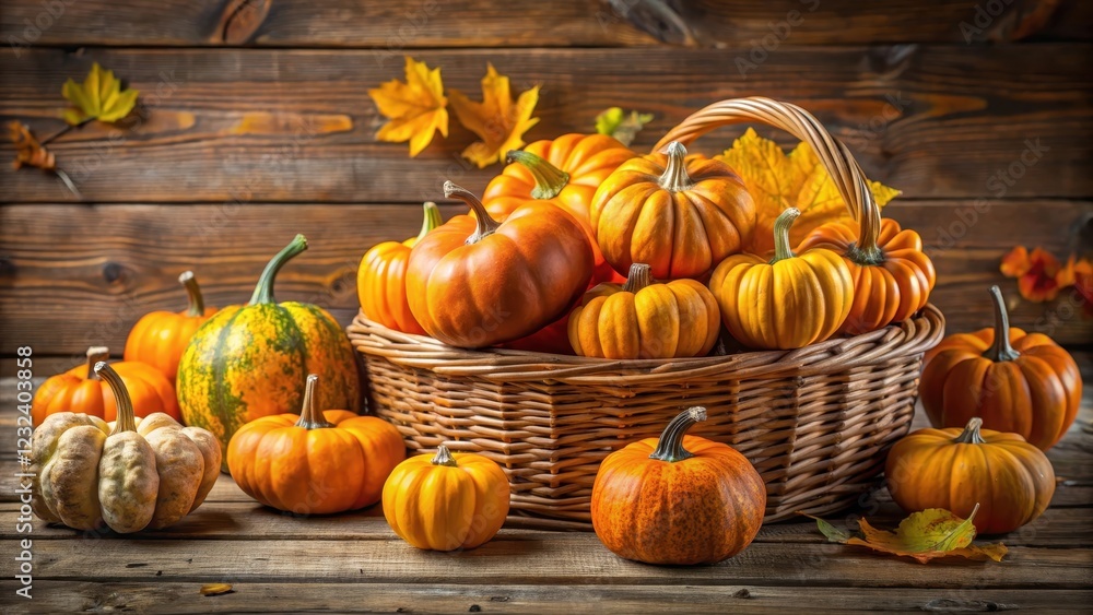 Harvest pumpkin basket overflowing with vibrant orange and yellow pumpkins of varying sizes arranged artfully on a rustic wooden table , fall decorations, seasonal table setting Harvest pumpkin basket overflowing with vibrant orange and yellow pumpkins of varying sizes arranged artfully on a rustic wooden table , fall decorations, seasonal table setting