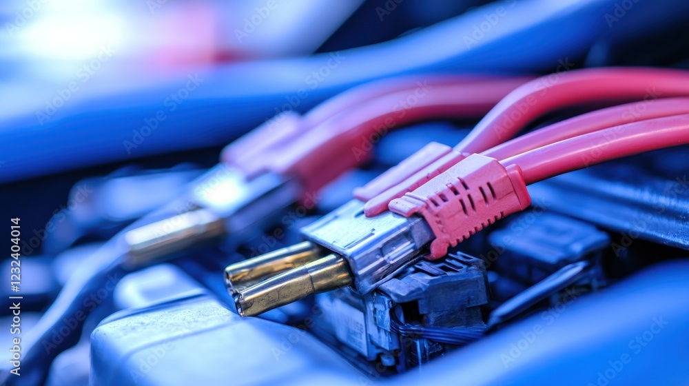 A close-up of jumper cables attached to a car battery. A close-up of jumper cables attached to a car battery.