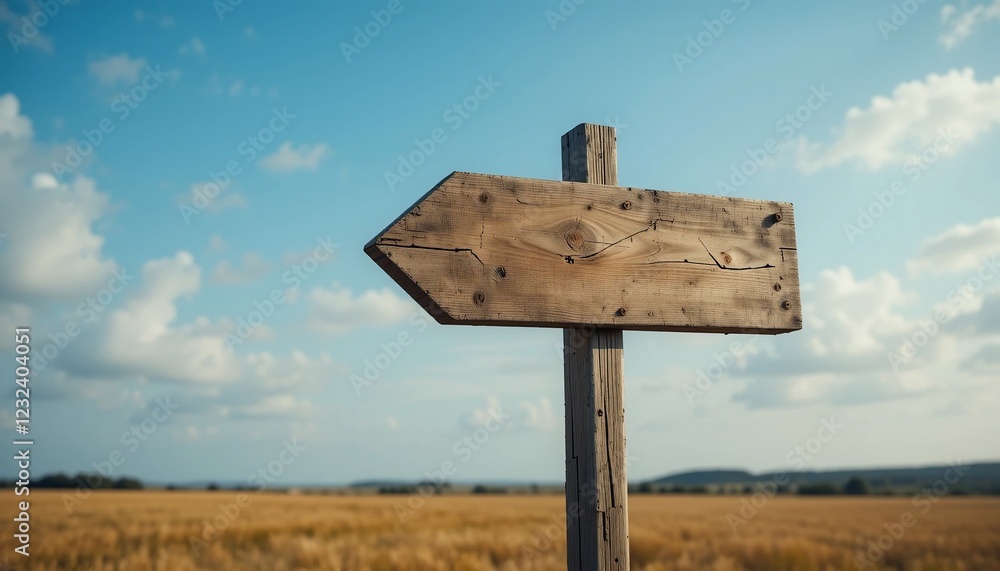 Rustic Wooden Arrow Signpost in a Summer Field under a Blue Sky Rustic Wooden Arrow Signpost in a Summer Field under a Blue Sky