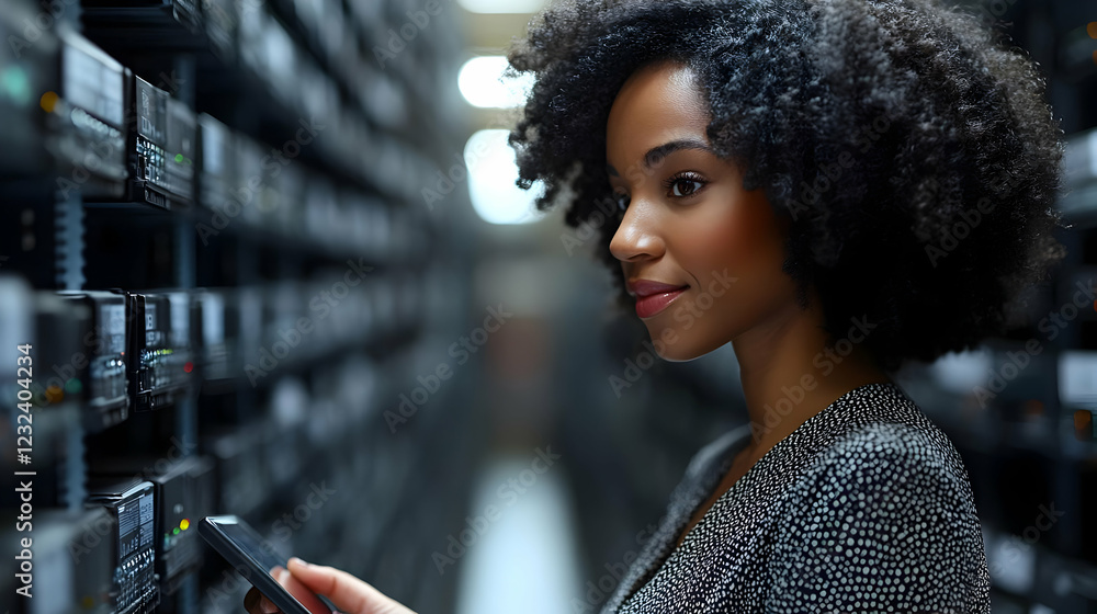 IT Technician Monitors Server Performance with Mobile Device in Data Center IT Technician Monitors Server Performance with Mobile Device in Data Center