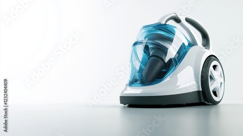 Bagless vacuum cleaner with transparent dustbin, placed on a clean white background, highlighting its powerful filtration system. photo