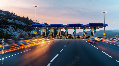 Modern cars passing through electronic toll gate on highway with motion blur, 4K UHD traffic monitoring footage for transportation projects and travel blogs