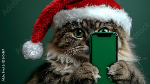 Fluffy Cat in Santa Hat Hol...