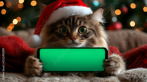 Cat in Santa Hat Holds Smar...