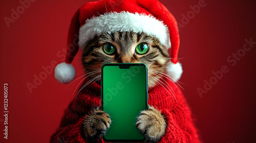 Cat Wearing Santa Hat and R...