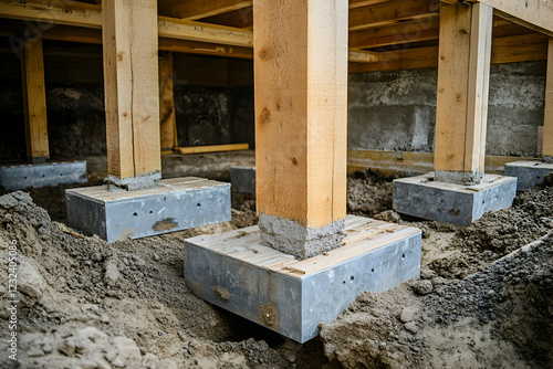 Foundation supports installed beneath a house, illustrating structural stability and construction techniques