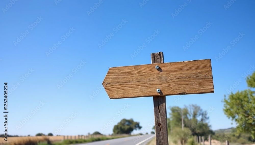 Rustic Wooden Arrow Signpost on Country Road Blank Signboard Summer Day Rustic Wooden Arrow Signpost on Country Road Blank Signboard Summer Day