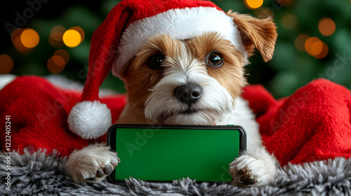 Cute Dog in Santa Hat Holds...