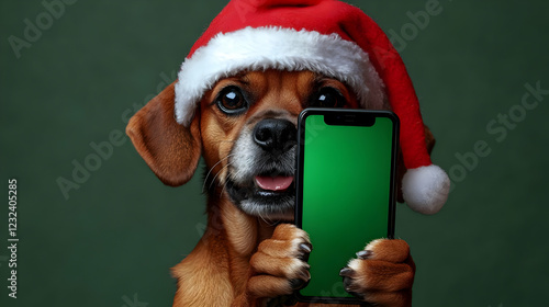 Cute Dog in Santa Hat Holds...