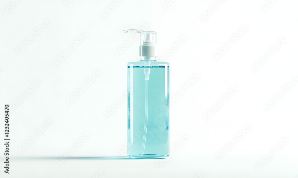 Blue liquid soap bottle, pump dispenser, white background, hygiene