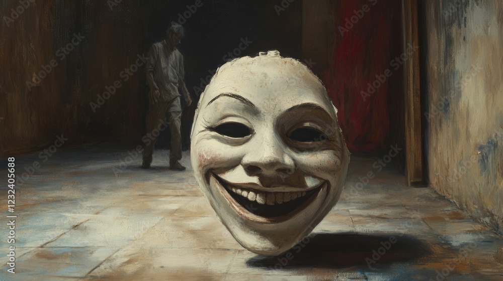 Mask with wide smile, figure standing in background. Mask with wide smile, figure standing in background.
