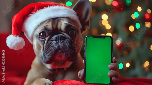 Cute Dog in Santa Hat Holds...
