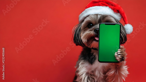 Cute Dog in Santa Hat Holds...