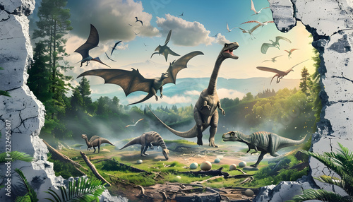 3D Illustration Prehistoric Dinosaurs Landscape Nest Eggs Clouds Pterosaurs
