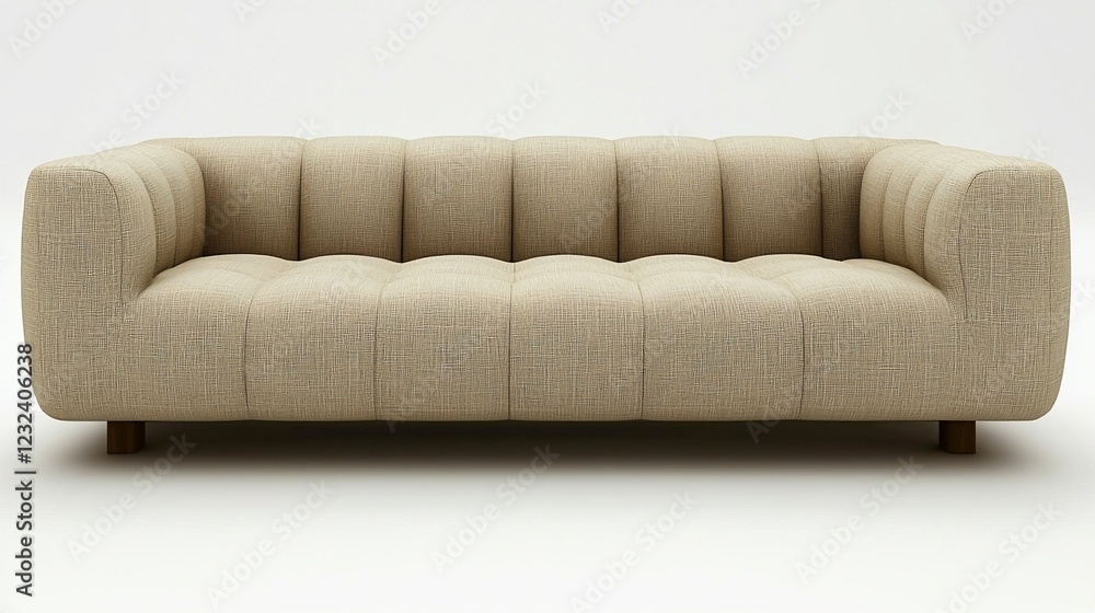 Obraz premium Modern beige tufted sofa with clean lines in a minimalist setting, ideal for interior design