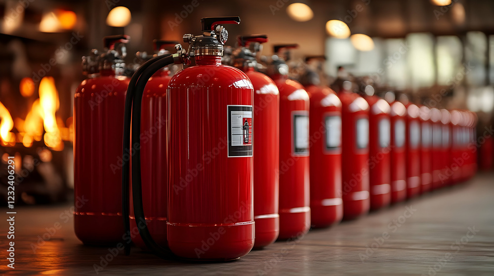 Multiple Red Fire Extinguishers Stand Ready for Emergency Fire Suppression, Ensuring Safety in the Area. Multiple Red Fire Extinguishers Stand Ready for Emergency Fire Suppression, Ensuring Safety in the Area.