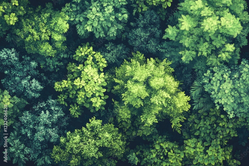 A flat forest canopy viewed from above, featuring dense foliage in various shades of green, creating a lush and vibrant natural scene A flat forest canopy viewed from above, featuring dense foliage in various shades of green, creating a lush and vibrant natural scene