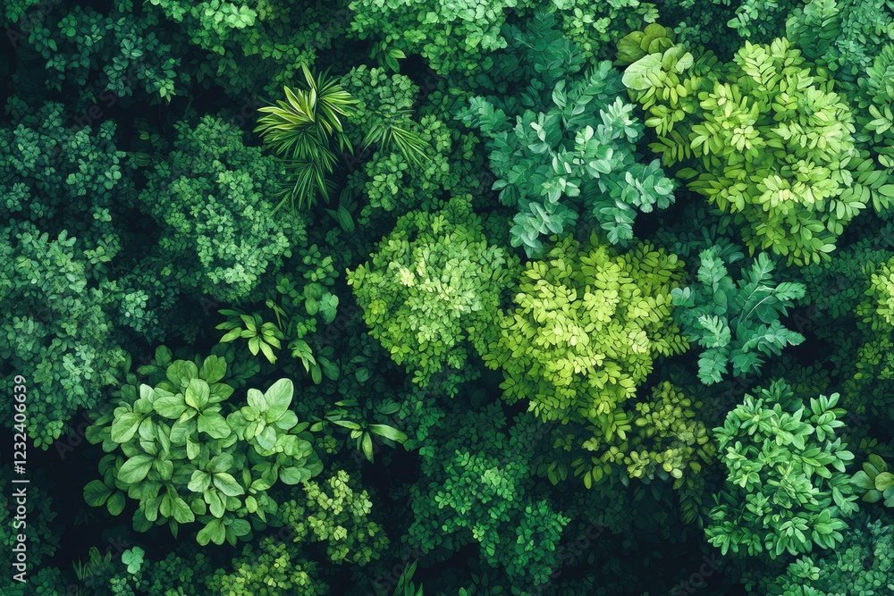 A flat forest canopy viewed from above, featuring dense foliage in various shades of green, creating a lush and vibrant natural scene A flat forest canopy viewed from above, featuring dense foliage in various shades of green, creating a lush and vibrant natural scene