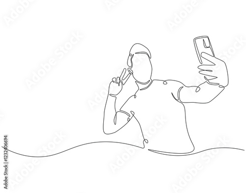 Continuous line drawing of man selfie use smartphone. Single line illustration of man take a selfie. Traveler, lifestyle concept. Editable outline