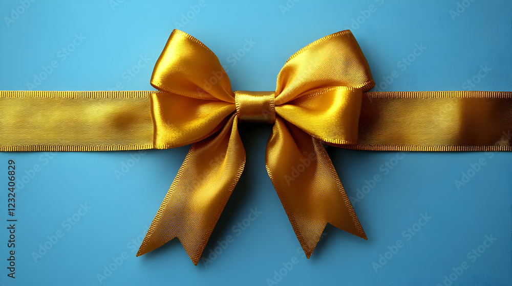 Elegant Golden Ribbon Bow Tied on a Light Blue Background with a Simple Yet Stylish Design Elegant Golden Ribbon Bow Tied on a Light Blue Background with a Simple Yet Stylish Design