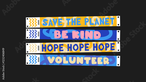 Wristband control bracelets for charity, save the planet, be kind, hope, help, volunteer, planet help. Vector mockup of a charity bracelet in a cartoon style