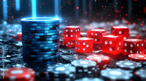Blue Casino Chips and Red D...