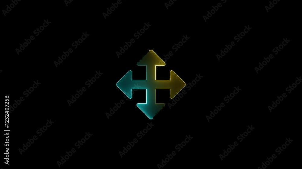 Abstract neon line cyan and yellow color arrow icon animation on black background. Glowing 4 neon arrow symbol. Abstract neon line cyan and yellow color arrow icon animation on black background. Glowing 4 neon arrow symbol.