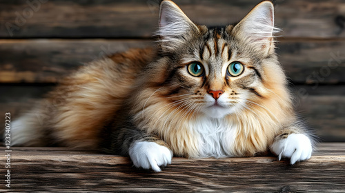 Fluffy Cat Lies on Rustic W...