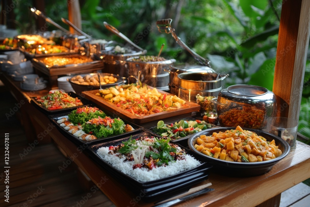 Obraz premium A tropical buffet overflowing with exotic fruits like pineapples, mangoes, papayas, and coconuts