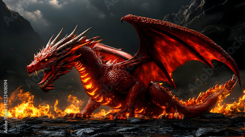 Fiery Red Dragon Roars Amid...