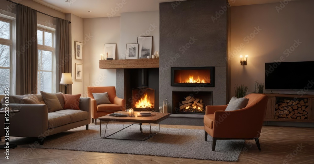 custom made wallpaper toronto digitalCozy living room with a fireplace and a crackling fire, serene, peaceful