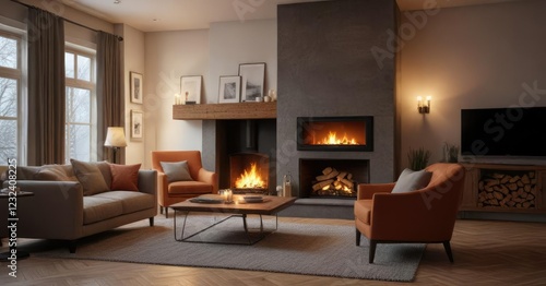 Wallpaper Mural Cozy living room with a fireplace and a crackling fire, serene, peaceful Torontodigital.ca